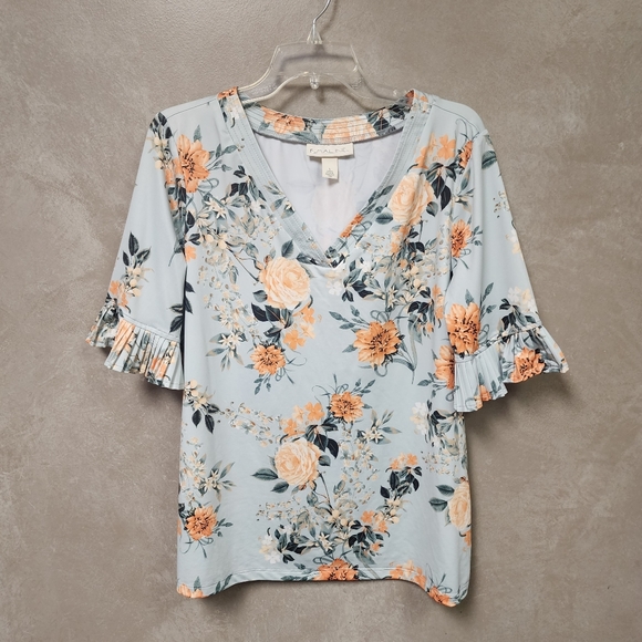 Emaline Women's Pleated Sleeves Floral Print V Neck Top Size Large - Picture 5 of 10